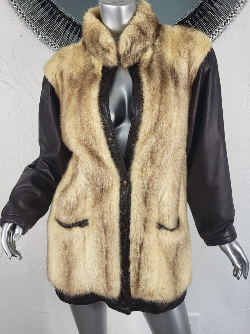 EXCLUSIVE~M~VINTAGE BEIGE BLONDE GENUINE MINK FUR BROWN REAL LEATHER COAT JACKET
